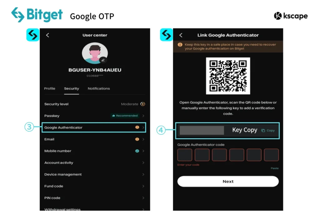 Bitget Google OTP setup screen