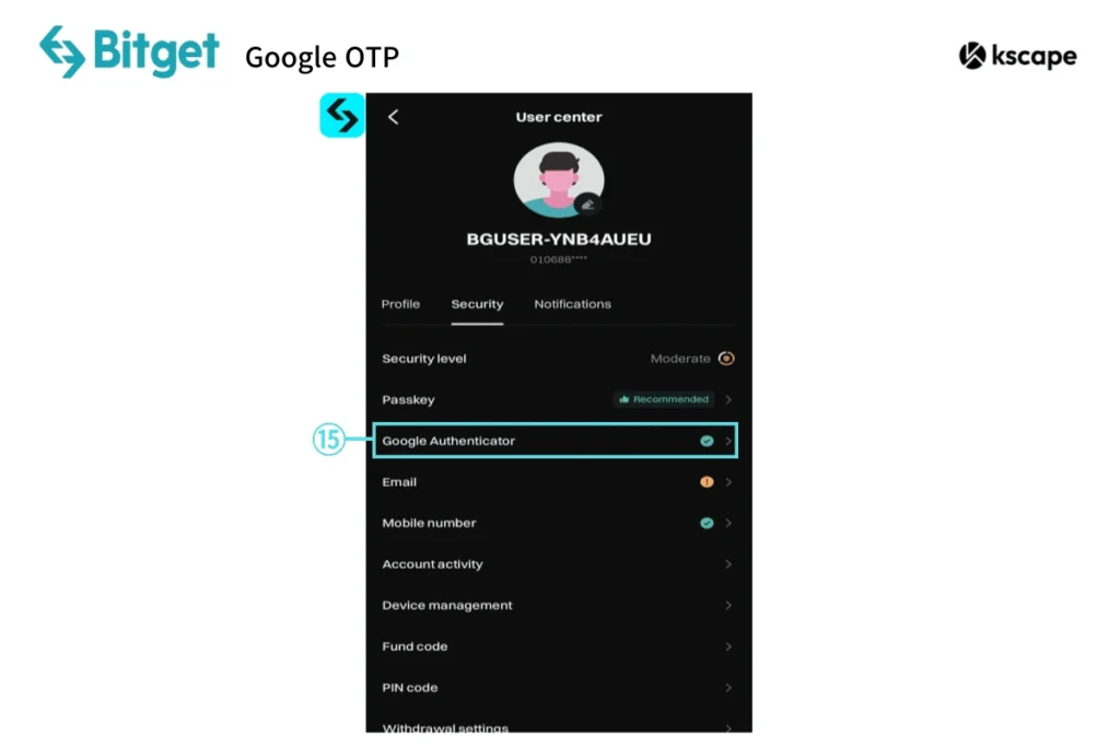 Google Authenticator security verification for Bitget
